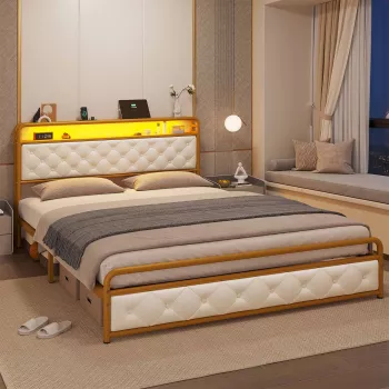 King Upholstered Platform Bed: LED Headboard + Storage
