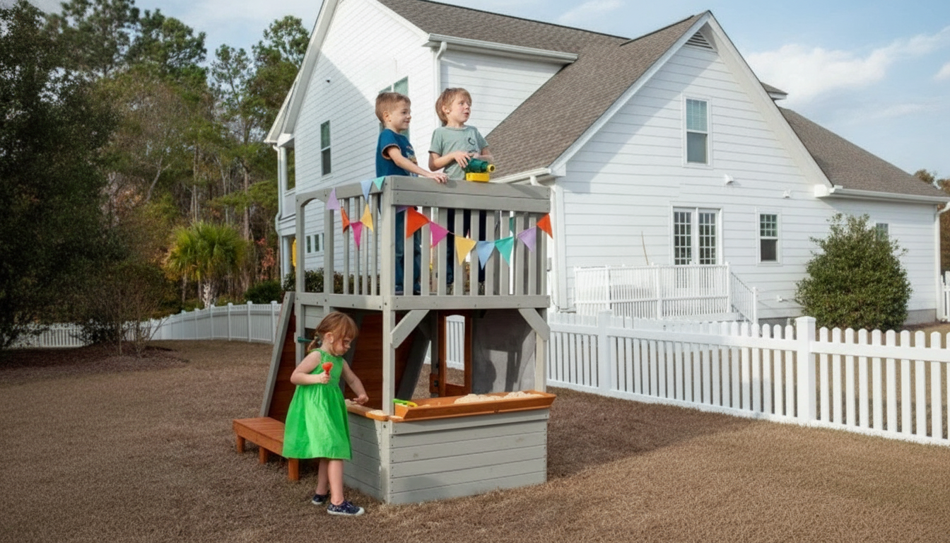 Backyard Wooden Playhouse: Sandbox, Telescope & Ramp