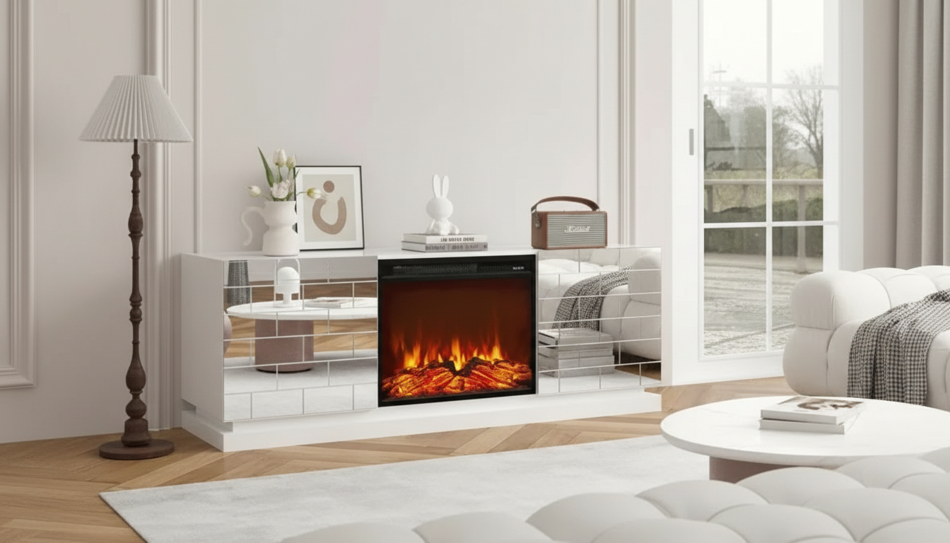 Mirrored Media Console Fireplace: Sliding Doors, Less Clutter