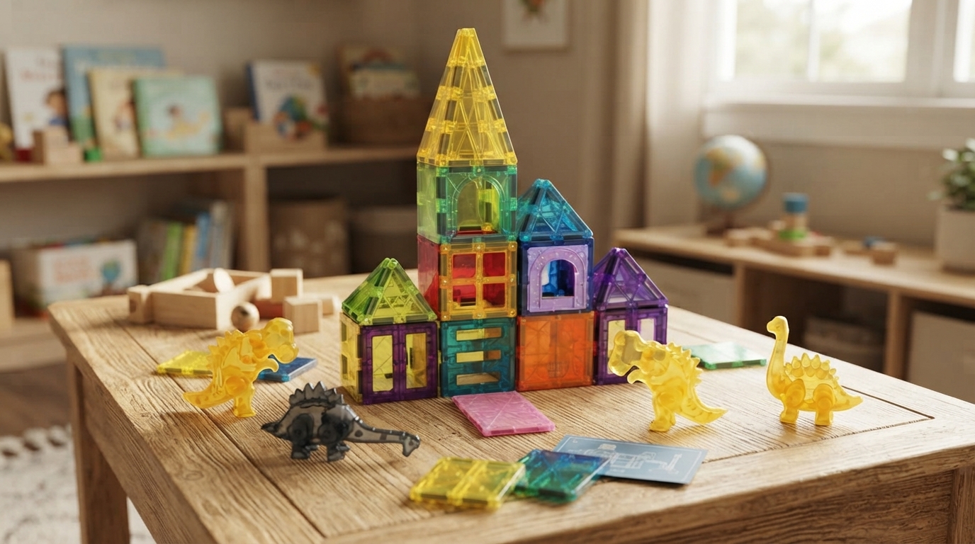 56-Piece Dinosaur Magnetic Tiles Set for STEM Play