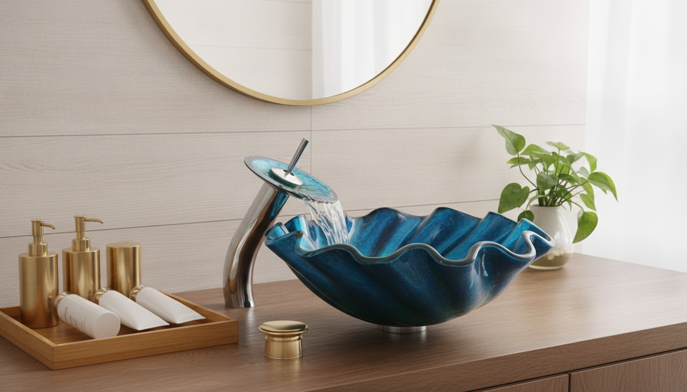 Hand-Painted Ceramic & Glass Basin + Brass Drain Guide