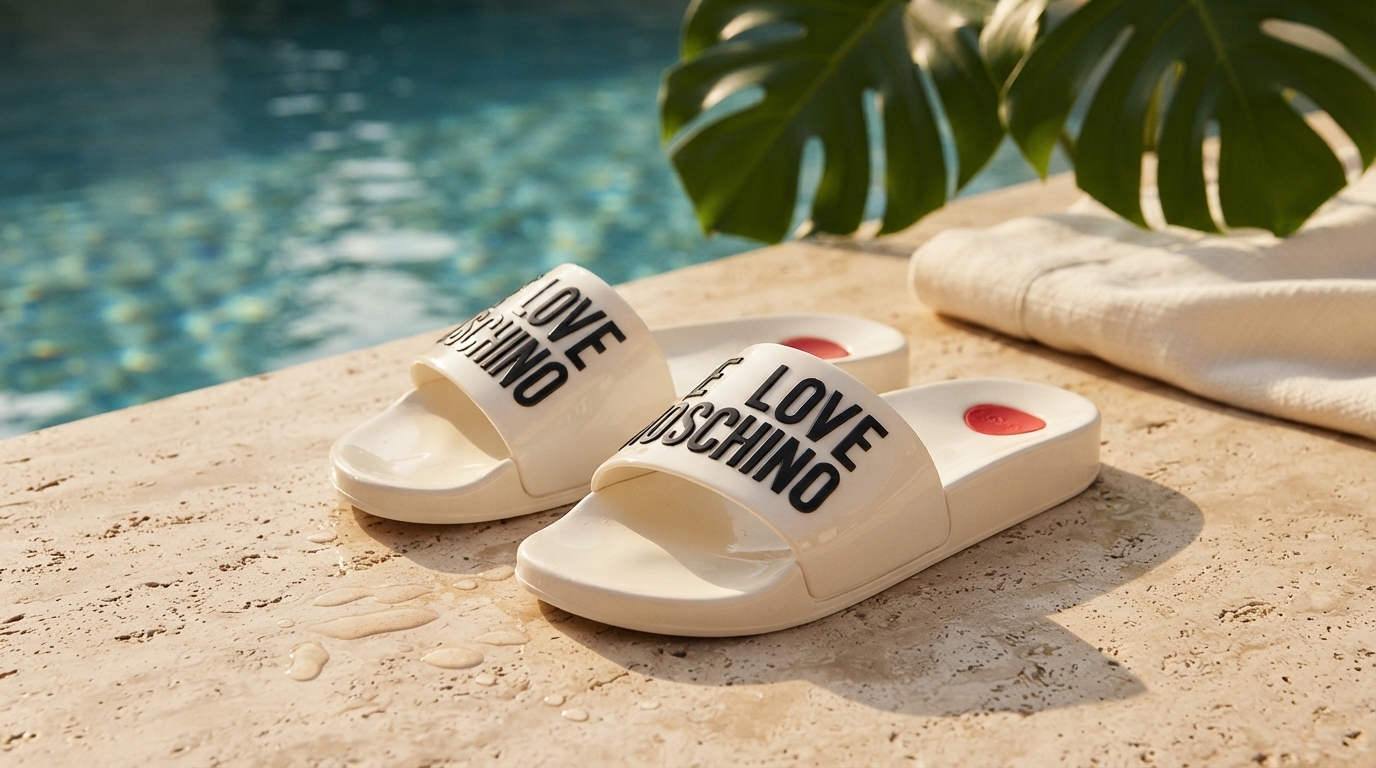 Love Moschino White PVC Slippers: Glossy Summer Slides