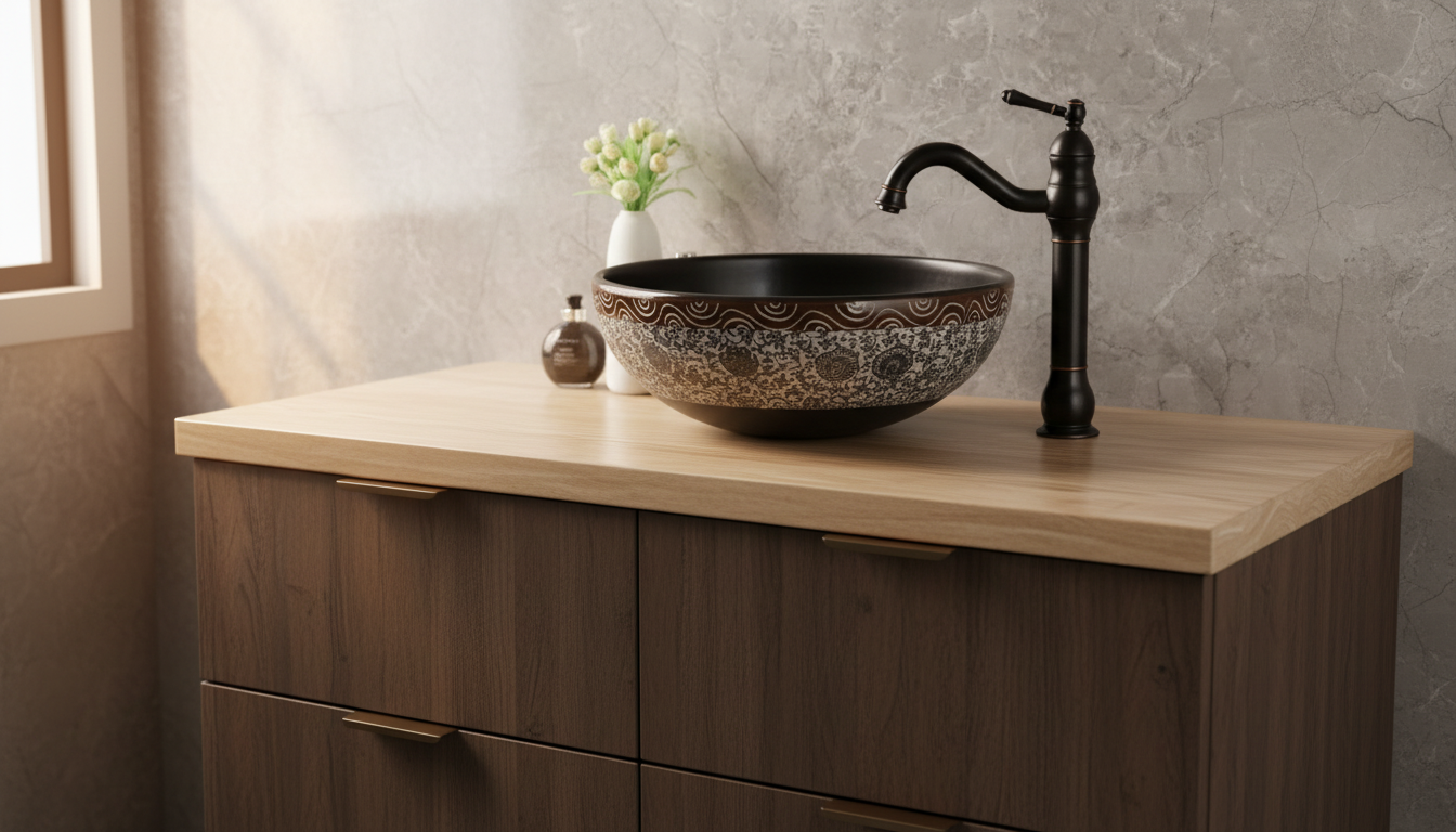 Black Sink + Brass Waterfall Faucet: Hand-Painted Set