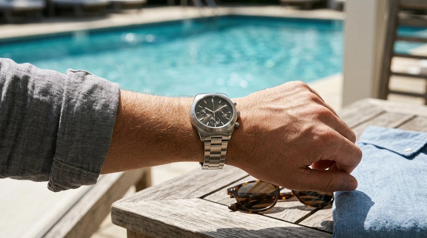 Stainless Steel Quartz Chronograph Watch: 100M Waterproof