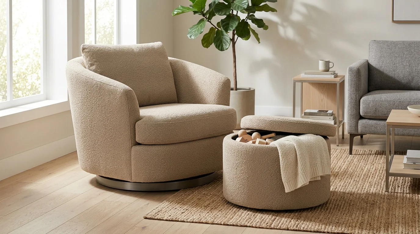 Oversized 360° Swivel Barrel Chair + Storage Ottoman Guide