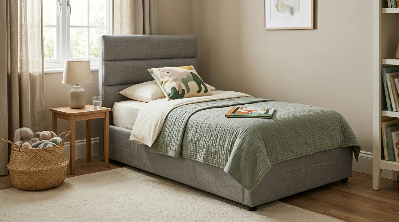 Gray Linen Twin Bed for Kids: Cushioned Headboard